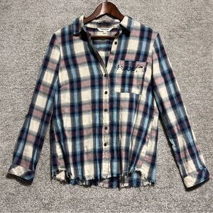 Tantrums Woman’s Plaid Button Down Frayed Hem Blouse Top Size Small